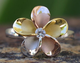 Hawaiian Design 925K Sterling Silver Tri-Color Rose Gold Single Plumeria Flower CZ Wedding Ring Band 15mm
