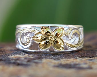Hawaiian Design Jewelry 925K Sterling Silver Gold Scroll Cutout Wedding Ring Band 8mm