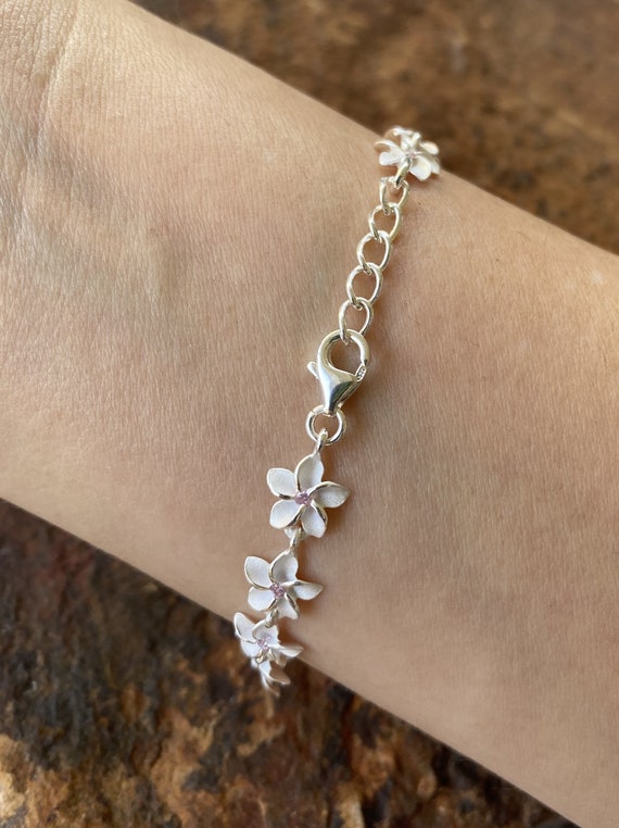 Sterling Silver 8MM Plumeria Flower Pink CZ Stone Bracelet