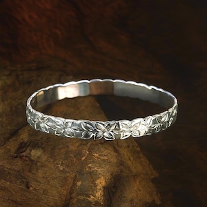 Hawaiian Jewelry Solid .925 Sterling Silver Plumeria Flower Cut Out Edge Bangle