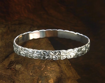 Hawaiian Jewelry Solid .925 Sterling Silver Plumeria Flower Cut Out Edge Bangle