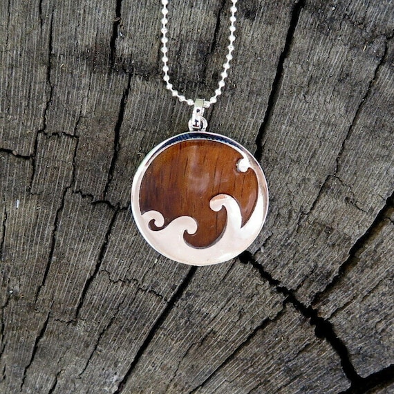 Natural Ocean Wave Hawaiian Koa Wood Jewelry Rhodium Plated Brass