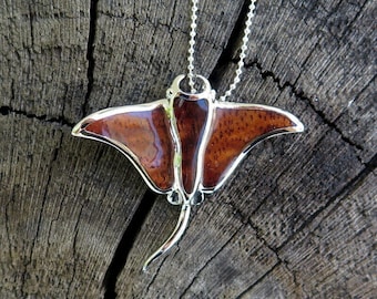 Genuine Hawaiian Koa Wood Jewelry Manta Ray Stingray Rhodium Plated Brass Pendant with Silver-Colored Necklace