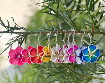 Hawaiian Design Jewelry Plumeria Flower CZ Gem Dangle Fimo Clay Earrings