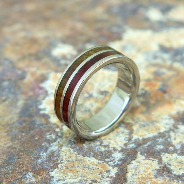 Hawaiian Koa Wood Cocobolo Wood Inlay Titanium Wedding Ring Band 6mm