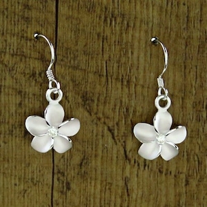 Hawaiian Jewelry 925K Sterling Silver Plumeria Flowers Hook Cubic Zirconia Earrings