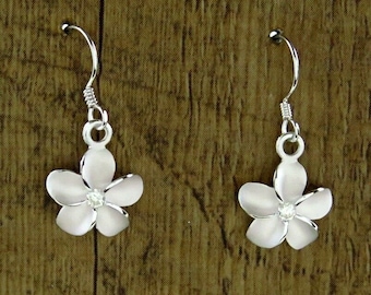 Hawaiian Jewelry 925K Sterling Silver Plumeria Flowers Hook Cubic Zirconia Earrings