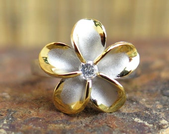 Hawaiian Jewelry 925 Sterling Silver 2-Tone Gold Plumeria Flower CZ Wedding Ring Band 15mm