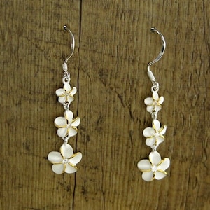 Hawaiian Design Jewelry 925K Sterling Silver Dangle Link Earrings Triple Plumeria Flowers