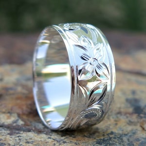 Hawaiian Design Jewelry 925K Sterling Silver Plumeria Flower Scroll Wedding Ring 10mm Band