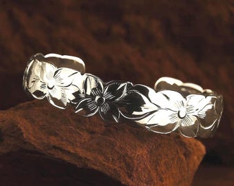 Hawaiian Jewelry Solid .925 Sterling Silver Plumeria Scroll Cut Out Edge Cuff Bangle