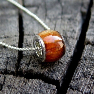 Hawaiian Koa Wood 9mm Silver Barrel Jewelry Rhodium Plated Brass Pendant with Silver-Colored Necklace