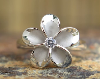 Hawaiian jewelry 925 Sterling Silver 2-Tone Rhodium Plumeria Flower CZ Wedding Ring Band 15mm