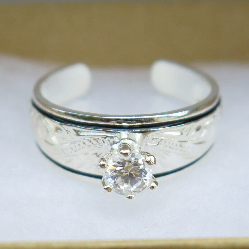 Sterling Silver Hawaiian Plumeria Toe Ring With Blue CZ – 92.5% Silver Cut-Out Design