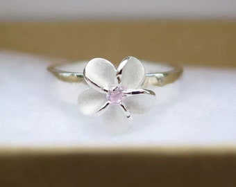 Bijoux hawaïens Bague d'orteil ouverte en argent sterling 925 avec fleur de plumeria et cz rose 8 mm