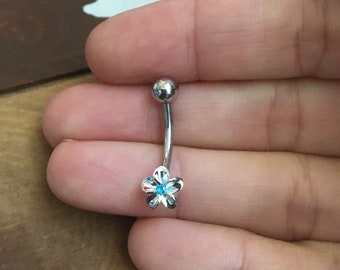 925K Sterling Silver Hawaiian Jewelry Blue Cubic Zirconia 8mm Plumeria Flower Belly Navel Ring