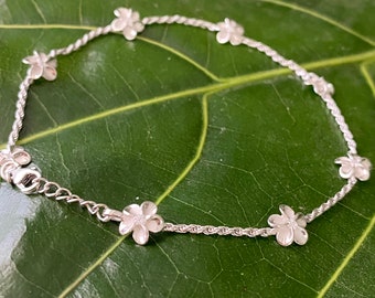 Hawaiian Sterling Silver Linked Plumeria Flower Anklet Jewelry
