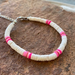 Hawaiian Natural Puka Shell Anklet Adjustable Chain 9.5 White Pink image 1