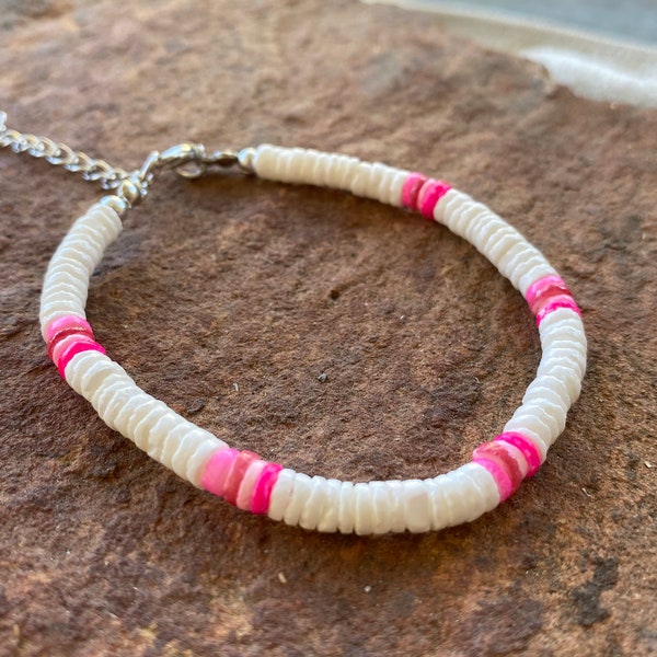 Hawaiian Natural Puka Shell Anklet Adjustable Chain 9.5" White Pink