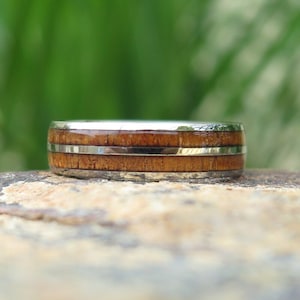 Double Line Hawaiian Koa Wood Inlay Titanium Wedding Ring Band TWR1010