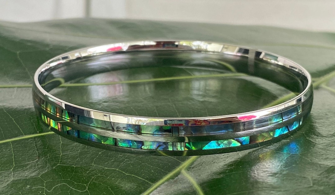 Hawaiian Design Natural Abalone Shell Stainless Steel Hawaiian Bangle