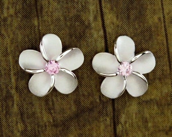 Hawaiian Jewelry Pair 925K Sterling Silver Pink Plumeria Flowers Post Stud Earrings