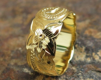 Bijoux hawaïens Bague de mariage en argent sterling plaqué or jaune 925 carats avec bordure découpée 8 mm