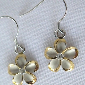 Hawaiian 925K Silver Plumeria Dangle Earrings Gold Plated Trim w/ Cubic Zirconium