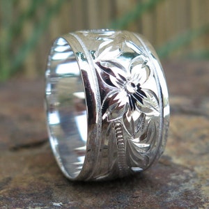Hawaiian Design Jewelry 925K Sterling Silver Plumeria Flower Scroll Wedding Ring 12mm Band