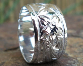 Hawaiian Design Jewelry Bague de mariage en argent sterling 925K Plumeria Flower Scroll 12 mm