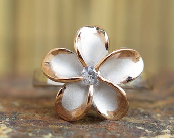 Hawaiian Jewelry 925 Sterling Silver 2-Tone Rhodium Gold Plumeria Flower CZ Wedding Ring Band 15mm