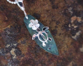 Hawaiian Jewelry 925K Sterling Silver Turtle Plumeria Mop Abalone Shell Surfboard Pendant Necklace