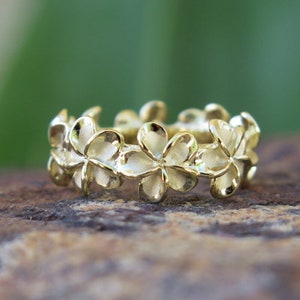 Hawaiian Silver Gold Plated Plumeria Flower Lei Wedding Ring Band 8mm