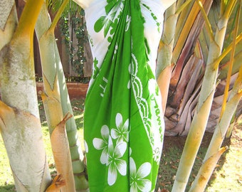 Hawaii Design Sarong Pareo Green White Plumeria Tropical Cruise Beach Pool Sexy Bikini Cover-Up Wrap Dress