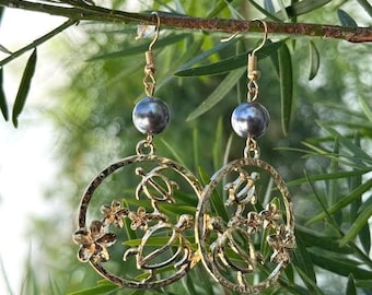 Hawaiian Gold Plated Honu Turtle Black Pearl Drop Hoop Dangle Earrings Jewelry