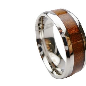 Hawaiian Design Jewelry Koa Wood Stainless Steel Wedding Band Ring 8mm
