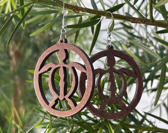 Hawaiian Design Jewelry Wooden Honu Turtle Carved Hoop Dangle Earrings
