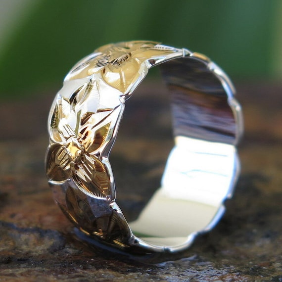 Anello Matrimonio Hawaii In Argento 925 &ndash; Fiore Plumeria Bordo Tagliato, Larghezza 6mm &ndash; SR1291
