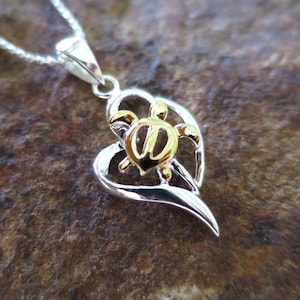 Hawaiian Design Jewelry 2-Tone Honu Turtle Heart Genuine 925K Sterling Silver Pendant Necklace