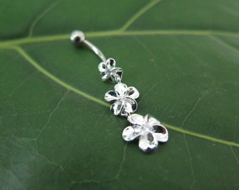 Sterling Silver Jewelry Triple Plumeria Flowers with Cubic Zirconia Hawaiian Belly Navel Ring
