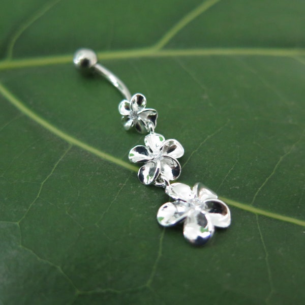 Sterling Silver Jewelry Triple Plumeria Flowers with Cubic Zirconia Hawaiian Belly Navel Ring