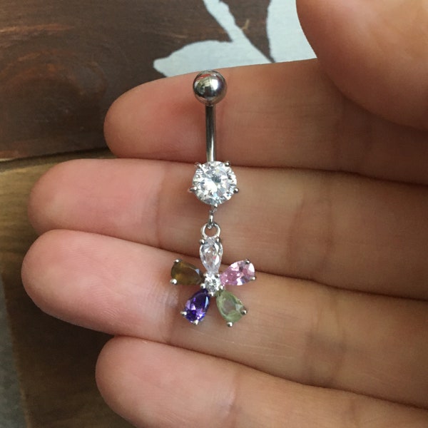 925K Sterling Silver Jewelry Cubic Zirconia Circle Stud with Dangling Multi-color Flower Belly Navel Ring