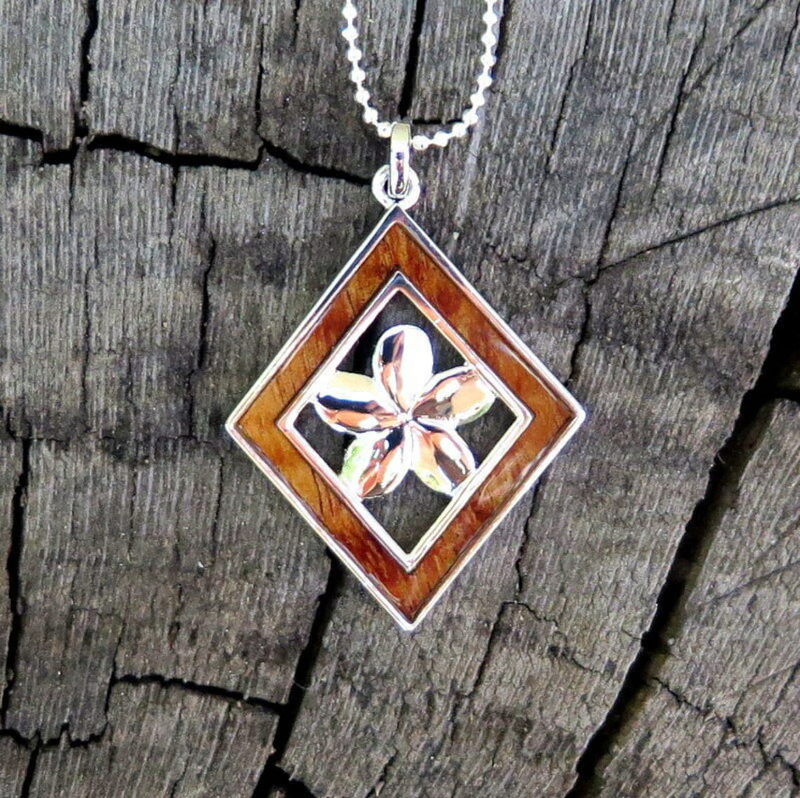 Hawaiian Koa Wood Pendant Plumeria Jewelry Rhodium Plated Etsy