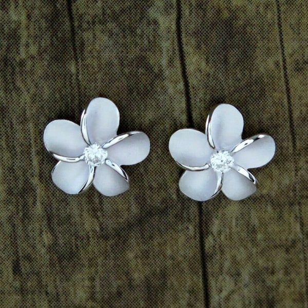 Bijoux hawaïens Boucles d'oreilles en argent sterling 925 avec plumeria et fleurs d'Hawaï