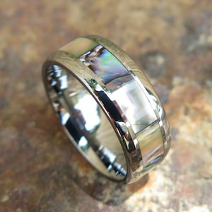Hawaiian Jewelry Tungsten Abalone Shell Inlay Beveled Wedding Ring Band 8mm