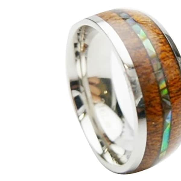 Hawaiian Design Jewelry Abalone Shell and Koa Wood Stainless Steel Wedding Band Ring 8mm