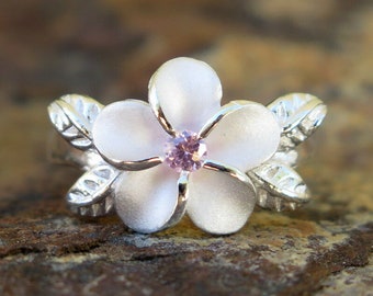 Hawaiian Design 925K Sterling Silver 4 Feuilles Plumeria Fleur Rose CZ Bague De Mariage Bande 12mm