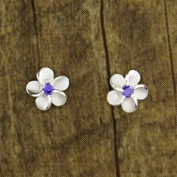 Hawaiian Jewelry 925K Sterling Silver Plumeria Flowers Purple CZ Post Stud Earrings