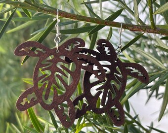Hawaiian Design Jewelry Wooden Honu Turtle Carved Hoop Dangle Earrings
