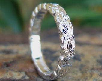 Hawaiian Design Jewelry 925K Sterling Silver Maile Leaf Wedding Ring Band 4mm